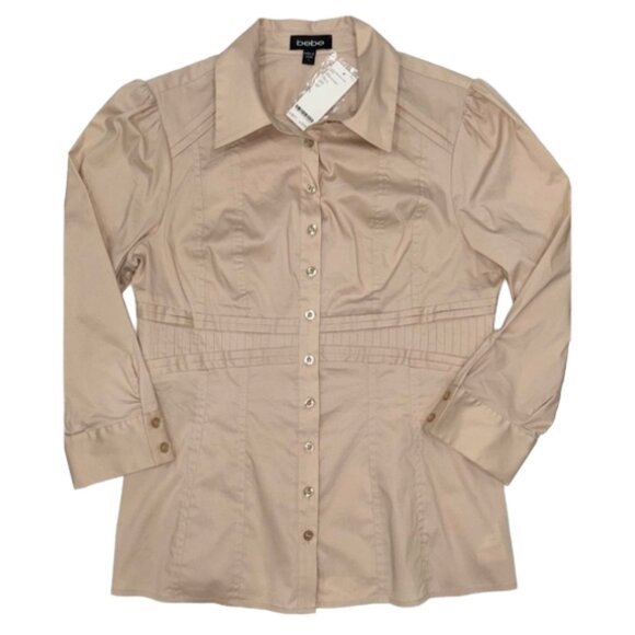 NWT Bebe Beige Button Down Blouse Pleated Waist Long Sleeve Collared Shirt L - Picture 3 of 10